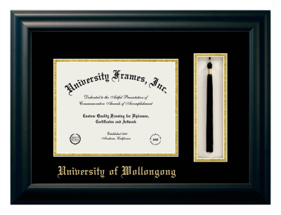 University of Wollongong Diploma with Tassel Box Frame in Satin Black with Black & Gold Mats for document: 8 1/2"h x 11"w  
