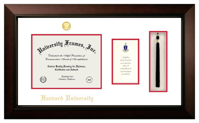Harvard University Diploma with Announcement & Tassel Box Frame in Legacy Black Cherry with White & Red Mats for document: 8 1/2"h x 11"w  , diploma: 7"h x 4"w  