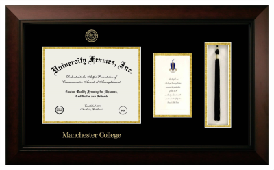 Manchester College Diploma with Announcement & Tassel Box Frame in Legacy Black Cherry with Black & Gold Mats for document: 8 1/2"h x 11"w  , diploma: 7"h x 4"w  