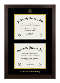 Manchester University Double Diploma Frame in Manhattan Espresso with Black & Gold Mats for document: 8 1/2"h x 11"w  , document: 8 1/2"h x 11"w  