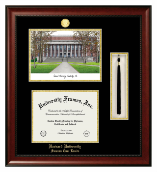 Harvard University Summa Cum Laude Double Opening with Campus Image & Tassel Box (Stacked) Frame in Avalon Mahogany with Black & Gold Mats for document: 8 1/2"h x 11"w  