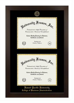 Hawai'i Pacific University College of Business Administration Double Diploma Frame in Manhattan Espresso with Black & Gold Mats for document: 8 1/2"h x 11"w  , document: 8 1/2"h x 11"w  