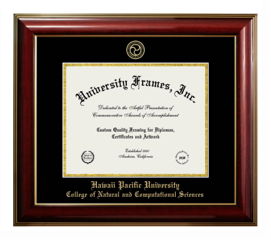 Hawai'i Pacific University College of Natural and Computational Sciences Diploma Frame in Classic Mahogany with Gold Trim with Black & Gold Mats for document: 8 1/2"h x 11"w  