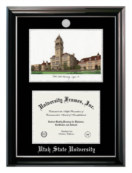 Utah State University Double Opening with Campus Image (Stacked) Frame in Classic Ebony with Silver Trim with Black & Silver Mats for document: 8 1/2"h x 11"w  