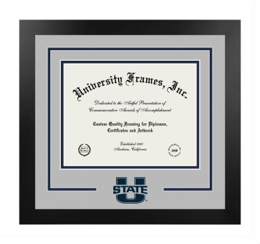 Utah State University College of Agriculture Logo Mat Frame in Manhattan Black with Gray & Navy Blue Mats for document: 8 1/2"h x 11"w  