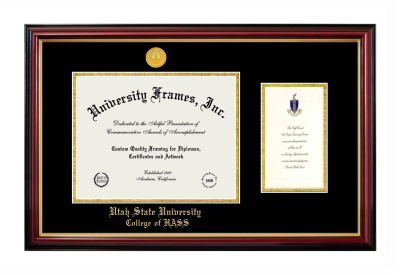 Utah State University College of HASS Diploma with Announcement Frame in Petite Mahogany with Gold Trim with Black & Gold Mats for document: 8 1/2"h x 11"w  , diploma: 7"h x 4"w  