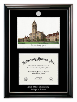 Utah State University College of Science Double Opening with Campus Image (Stacked) Frame in Classic Ebony with Silver Trim with Black & Silver Mats for document: 8 1/2"h x 11"w  