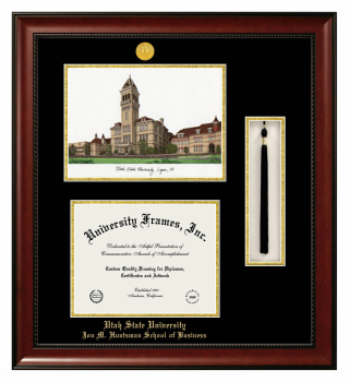 Utah State University Jon M. Huntsman School of Business Double Opening with Campus Image & Tassel Box (Stacked) Frame in Avalon Mahogany with Black & Gold Mats for document: 8 1/2"h x 11"w  