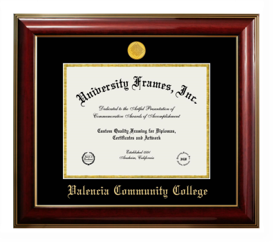 Valencia Community College Diploma Frame in Classic Mahogany with Gold Trim with Black & Gold Mats for document: 8 1/2"h x 11"w  