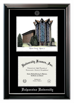 Valparaiso University Double Opening with Campus Image (Stacked) Frame in Classic Ebony with Silver Trim with Black & Silver Mats for document: 8 1/2"h x 11"w  