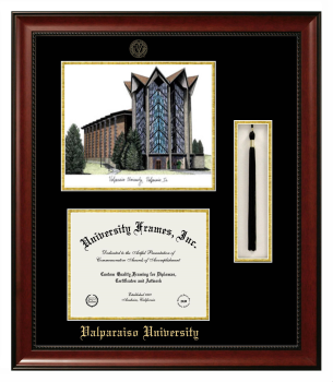 Valparaiso University Double Opening with Campus Image & Tassel Box (Stacked) Frame in Avalon Mahogany with Black & Gold Mats for document: 8 1/2"h x 11"w  