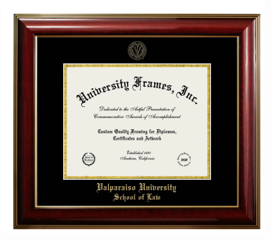 Valparaiso University School of Law Diploma Frame in Classic Mahogany with Gold Trim with Black & Gold Mats for document: 8 1/2"h x 11"w  