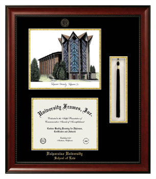 Valparaiso University School of Law Double Opening with Campus Image & Tassel Box (Stacked) Frame in Avalon Mahogany with Black & Gold Mats for document: 8 1/2"h x 11"w  
