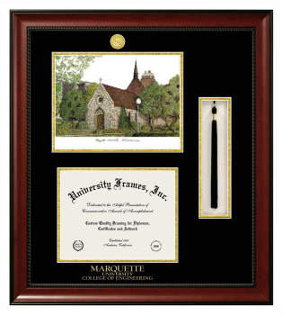 Marquette University College of Engineering Double Opening with Campus Image & Tassel Box (Stacked) Frame in Avalon Mahogany with Black & Gold Mats for document: 8 1/2"h x 11"w  