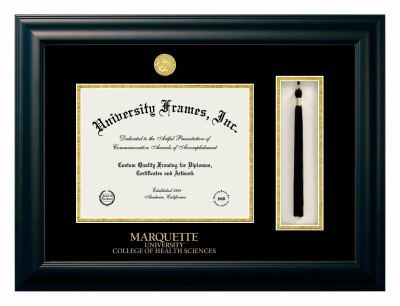 Marquette University College of Health Sciences Diploma with Tassel Box Frame in Satin Black with Black & Gold Mats for document: 8 1/2"h x 11"w  