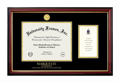 Marquette University College of Health Sciences Diploma with Announcement Frame in Petite Mahogany with Gold Trim with Black & Gold Mats for document: 8 1/2"h x 11"w  , diploma: 7"h x 4"w  
