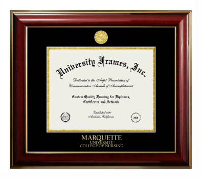 Marquette University College of Nursing Diploma Frame in Classic Mahogany with Gold Trim with Black & Gold Mats for document: 8 1/2"h x 11"w  