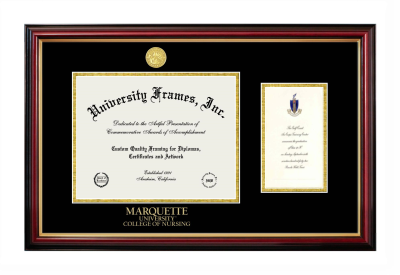 Marquette University College of Nursing Diploma with Announcement Frame in Petite Mahogany with Gold Trim with Black & Gold Mats for document: 8 1/2"h x 11"w  , diploma: 7"h x 4"w  