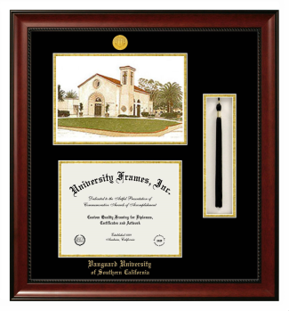Vanguard University of Southern California Double Opening with Campus Image & Tassel Box (Stacked) Frame in Avalon Mahogany with Black & Gold Mats for document: 8 1/2"h x 11"w  