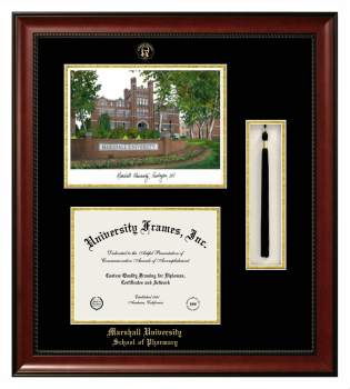 Marshall University School of Pharmacy Double Opening with Campus Image & Tassel Box (Stacked) Frame in Avalon Mahogany with Black & Gold Mats for document: 8 1/2"h x 11"w  