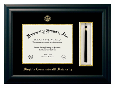 Virginia Commonwealth University Diploma with Tassel Box Frame in Satin Black with Black & Gold Mats for document: 8 1/2"h x 11"w  