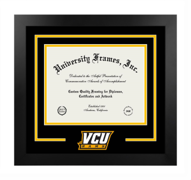 Virginia Commonwealth University Logo Mat Frame in Manhattan Black with Black & Amber Mats for document: 8 1/2"h x 11"w  