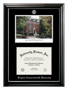Virginia Commonwealth University Double Opening with Campus Image (Stacked) Frame in Classic Ebony with Silver Trim with Black & Silver Mats for document: 8 1/2"h x 11"w  