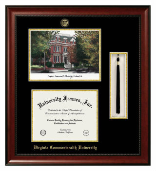 Virginia Commonwealth University Double Opening with Campus Image & Tassel Box (Stacked) Frame in Avalon Mahogany with Black & Gold Mats for document: 8 1/2"h x 11"w  