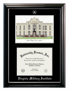 Virginia Military Institute Double Opening with Campus Image (Stacked) Frame in Classic Ebony with Silver Trim with Black & Silver Mats for document: 8 1/2"h x 11"w  
