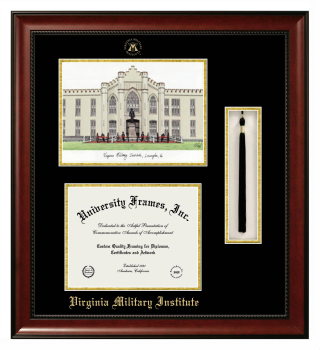 Virginia Military Institute Double Opening with Campus Image & Tassel Box (Stacked) Frame in Avalon Mahogany with Black & Gold Mats for document: 8 1/2"h x 11"w  