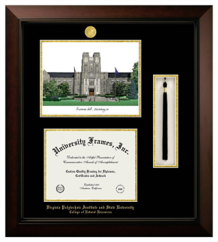 Virginia Polytechnic Institute and State University College of Natural Resources Double Opening with Campus Image & Tassel Box (Stacked) Frame in Legacy Black Cherry with Black & Gold Mats for document: 8 1/2"h x 11"w  