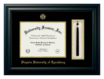 Virginia University of Lynchburg Diploma with Tassel Box Frame in Satin Black with Black & Gold Mats for document: 8 1/2"h x 11"w  