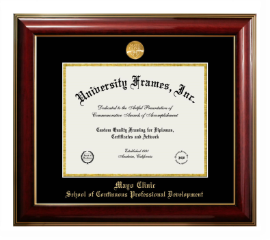 Mayo Clinic School of Continuous Professional Development Diploma Frame in Classic Mahogany with Gold Trim with Black & Gold Mats for document: 8 1/2"h x 11"w  