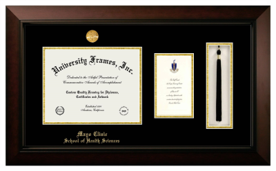 Mayo Clinic School of Health Sciences Diploma with Announcement & Tassel Box Frame in Legacy Black Cherry with Black & Gold Mats for document: 8 1/2"h x 11"w  , diploma: 7"h x 4"w  