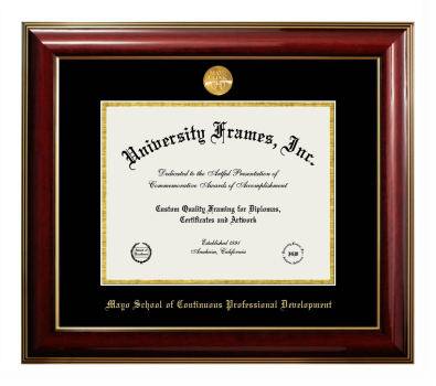 Mayo School of Continuous Professional Development (former name) Diploma Frame in Classic Mahogany with Gold Trim with Black & Gold Mats for document: 8 1/2"h x 11"w  