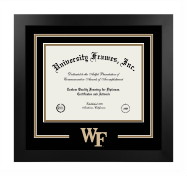 Wake Forest University Logo Mat Frame in Manhattan Black with Black & Bronze Mats for document: 8 1/2"h x 11"w  