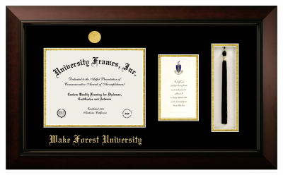 Wake Forest University Diploma with Announcement & Tassel Box Frame in Legacy Black Cherry with Black & Gold Mats for document: 8 1/2"h x 11"w  , diploma: 7"h x 4"w  