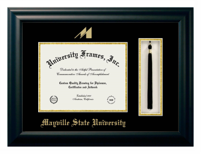 Mayville State University Diploma with Tassel Box Frame in Satin Black with Black & Gold Mats for document: 8 1/2"h x 11"w  