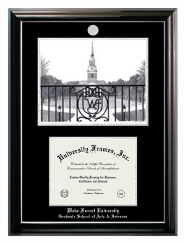Wake Forest University Graduate School of Arts & Sciences Double Opening with Campus Image (Stacked) Frame in Classic Ebony with Silver Trim with Black & Silver Mats for document: 8 1/2"h x 11"w  