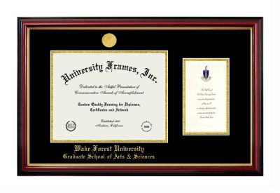 Wake Forest University Graduate School of Arts & Sciences Diploma with Announcement Frame in Petite Mahogany with Gold Trim with Black & Gold Mats for document: 8 1/2"h x 11"w  , diploma: 7"h x 4"w  
