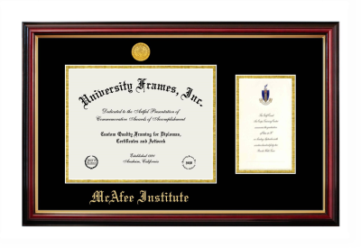 McAfee Institute Diploma with Announcement Frame in Petite Mahogany with Gold Trim with Black & Gold Mats for document: 8 1/2"h x 11"w  , diploma: 7"h x 4"w  