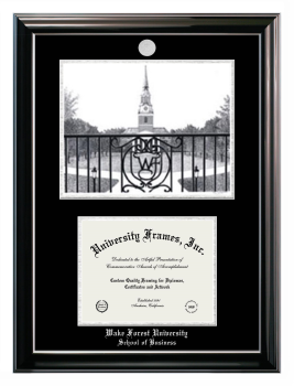 Wake Forest University School of Business Double Opening with Campus Image (Stacked) Frame in Classic Ebony with Silver Trim with Black & Silver Mats for document: 8 1/2"h x 11"w  