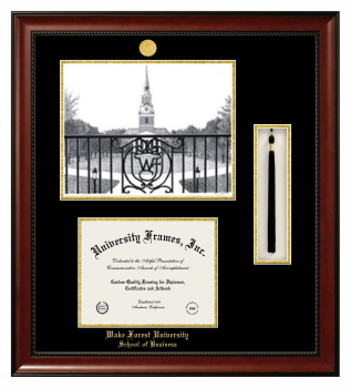 Wake Forest University School of Business Double Opening with Campus Image & Tassel Box (Stacked) Frame in Avalon Mahogany with Black & Gold Mats for document: 8 1/2"h x 11"w  