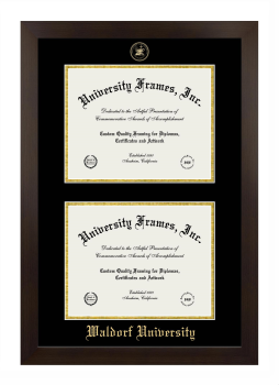 Waldorf University Double Diploma Frame in Manhattan Espresso with Black & Gold Mats for document: 8 1/2"h x 11"w  , document: 8 1/2"h x 11"w  