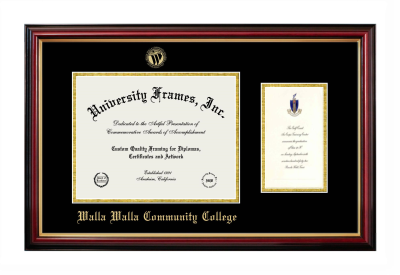 Walla Walla Community College Diploma with Announcement Frame in Petite Mahogany with Gold Trim with Black & Gold Mats for document: 8 1/2"h x 11"w  , diploma: 7"h x 4"w  