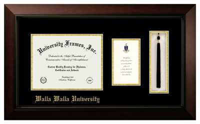 Walla Walla University Diploma with Announcement & Tassel Box Frame in Legacy Black Cherry with Black & Gold Mats for document: 8 1/2"h x 11"w  , diploma: 7"h x 4"w  