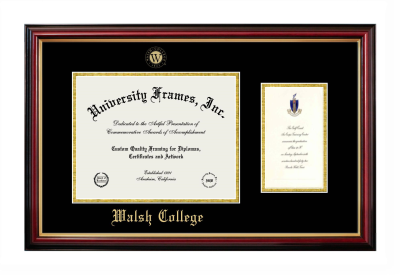 Walsh College Diploma with Announcement Frame in Petite Mahogany with Gold Trim with Black & Gold Mats for document: 8 1/2"h x 11"w  , diploma: 7"h x 4"w  