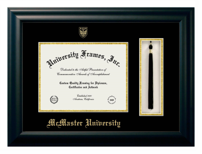 McMaster University Diploma with Tassel Box Frame in Satin Black with Black & Gold Mats for document: 8 1/2"h x 11"w  