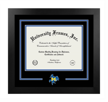 McNeese State University Logo Mat Frame in Manhattan Black with Black & Royal Blue Mats for document: 8 1/2"h x 11"w  