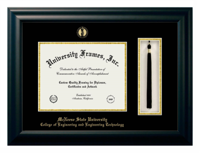 McNeese State University College of Engineering and Engineering Technology Diploma with Tassel Box Frame in Satin Black with Black & Gold Mats for document: 8 1/2"h x 11"w  